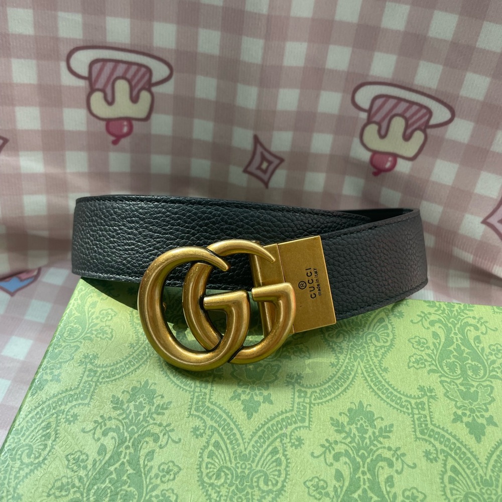 Black Leather Belt with Gold Double-G Buckle - Gucci